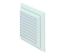 White plastic louvered wall grille with flyscreen from Domus Ventilation, 100mm diameter, for ducting and airflow management.