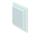 White Domus plastic louvred wall grille with flyscreen, 125mm diameter, for ducting ventilation systems.