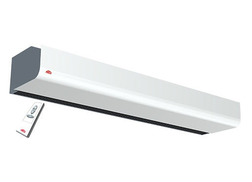 Systemair Frico PA2220CE16 electric air curtain with remote control and integrated controls, mounted above a doorway.