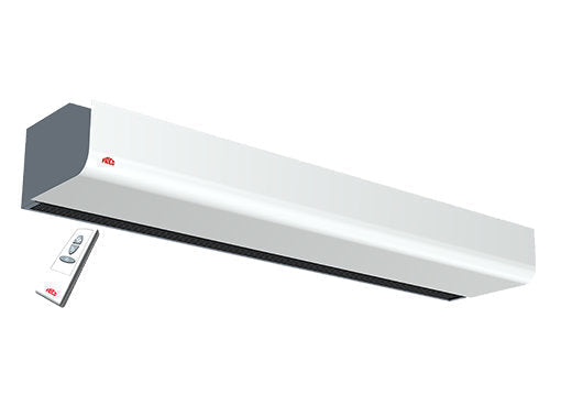 Systemair Frico PA2215CE12 electric air curtain with remote control and integrated control panel, installed above a doorway.
