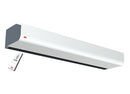 Systemair Frico PA2210CA air curtain with remote control installed above a door, providing ambient airflow control.