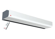 Systemair Frico PA2215CA air curtain with remote control installed above a doorway, providing ambient airflow control.