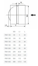 Systemair back draught damper for ducting installation, showing dimensions and design details for ventilation systems.