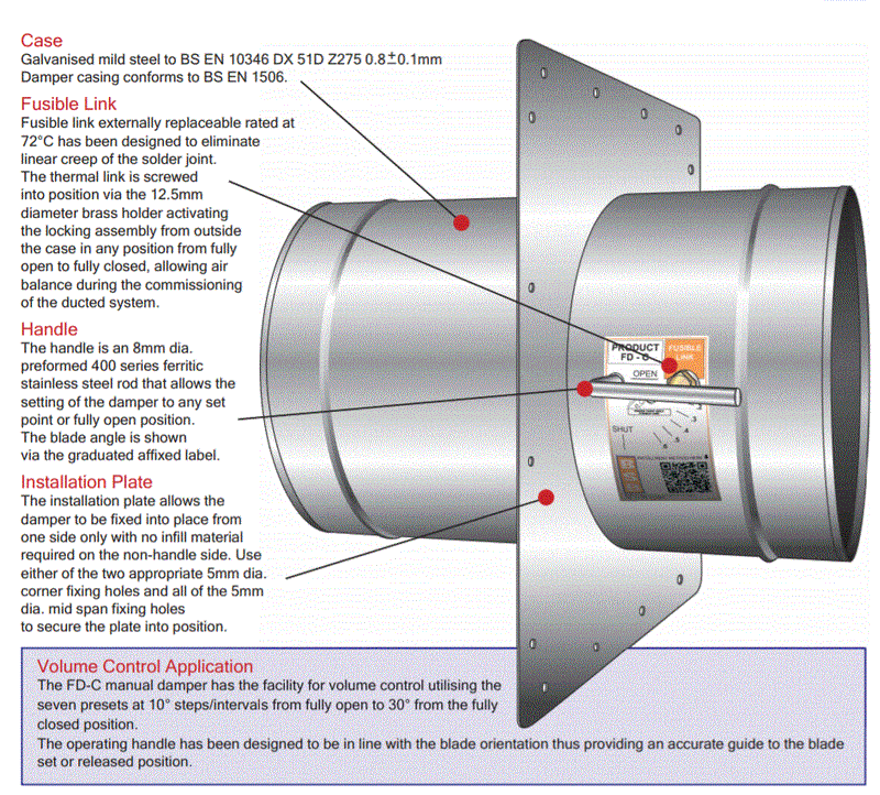 BSB FD-C Series Circular Single Blade Externally Resettable Combination Fire and Volume Control Damper - eFans Direct Ltd