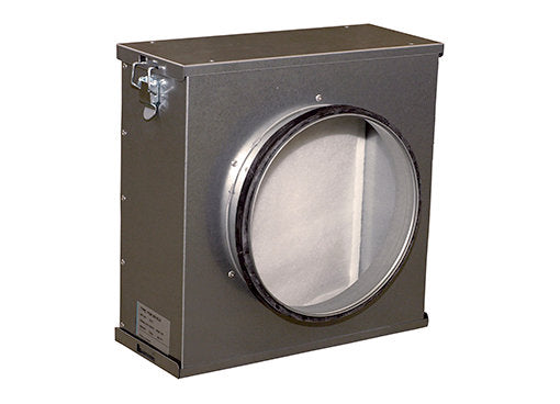 Systemair FGR filter cassette box for ducting, 125mm size, shown in a close-up image highlighting its construction and filter area.