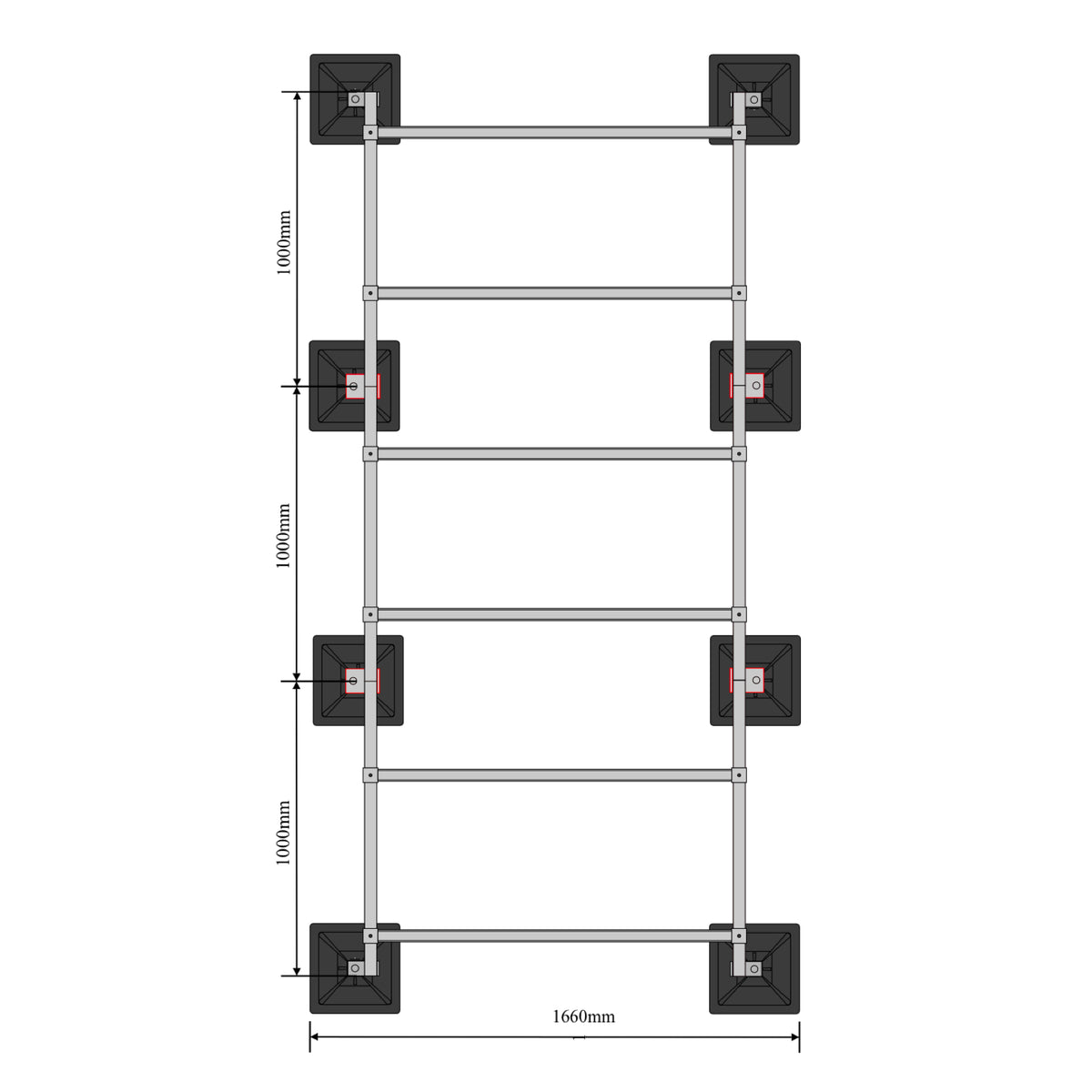 Diagram of the StrutFoot Support System 6 SF1306 showing dimensions and component details for supports and fixings.