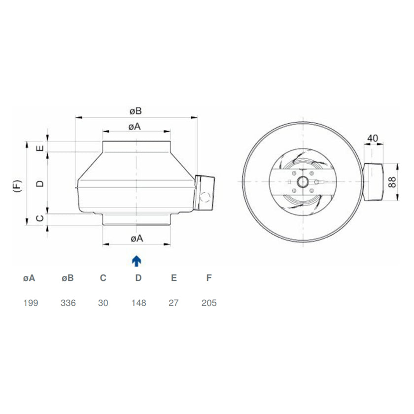 Systemair K200M 8-inch centrifugal duct fan with AC motor for ventilation and air circulation in duct systems.