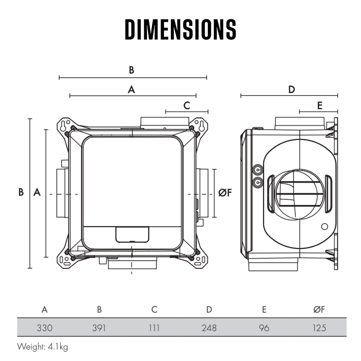 Vent-Axia Multivent Lo-Carbon MVDC-MS extractor fan with dimensions, showcasing the product’s design and size features.