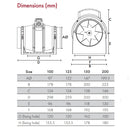 Vent-Axia ACM125T in-line mixed flow duct fan with timer, 125mm diameter, shown with dimensions for ventilation system installation.