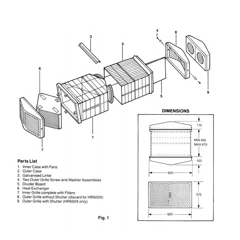 Technical drawing of Vent-Axia HR500 Heat Recovery Ventilation Unit 14101010B, showcasing internal components and design features.
