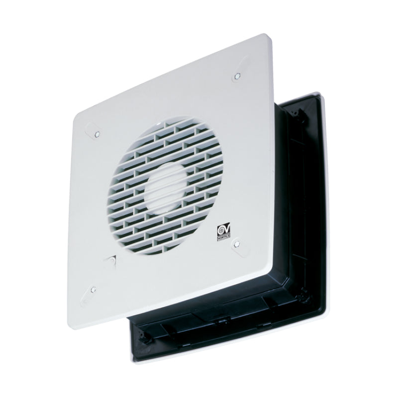 Vortice Vario 300/12" ARI-LL-S flush auto reversible wall axial fan installed in a wall opening for ventilation.